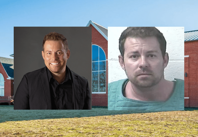 Side-by-side images of David A. Rodgers: on the left, a professional headshot of him in a dark blazer, and on the right, a booking photo showing him in a green jail garment, set against the exterior of Pleasant Grove Baptist Church in Owensboro, Kentucky.