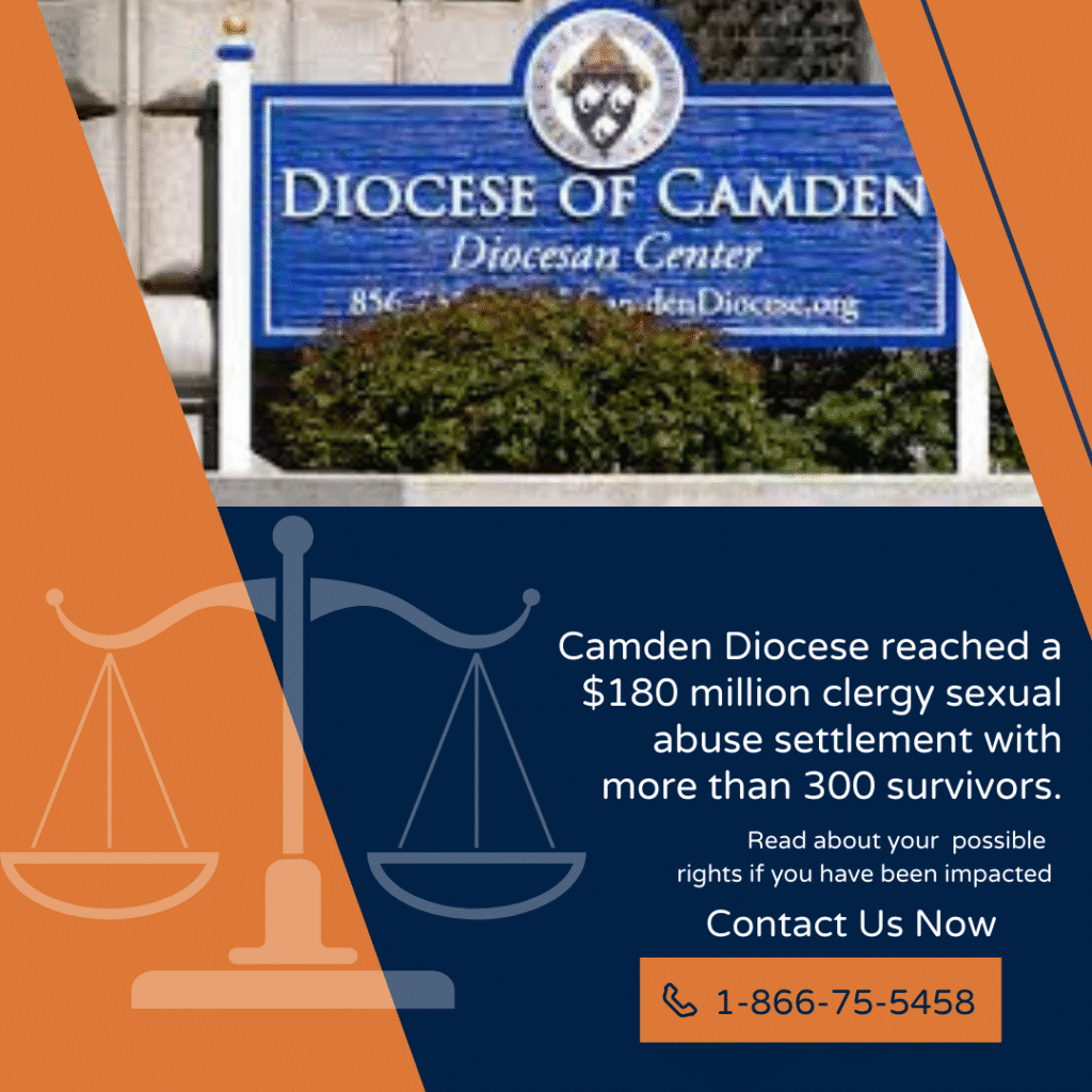 Camden Diocese $180 million clergy abuse settlement graphic with contact number