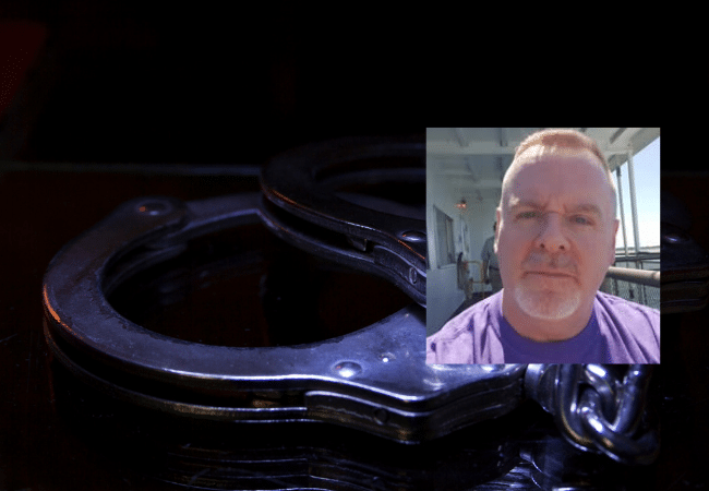 Graphic showing a close-up of metal handcuffs on a dark surface with an inset photo of the alleged perpetrator, Keith Richard Allen.