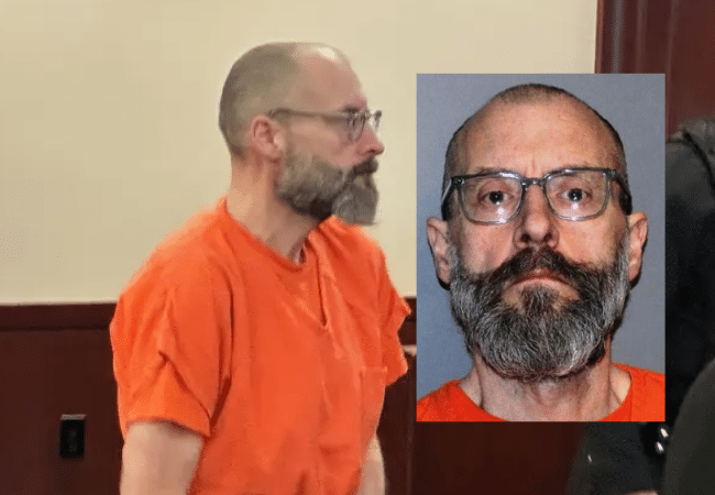 James Yerdon, aka "Pappi Jim," appears in two images, including a courtroom appearance wearing an orange jail uniform and a separate booking-style photograph.