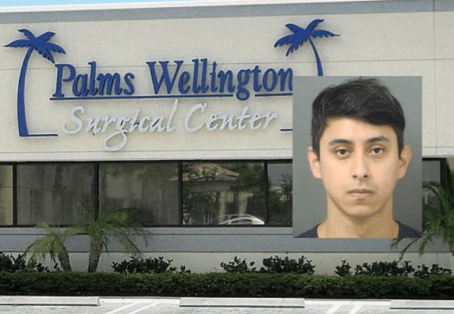 Joel Antonio Vega booking photo shown alongside Palms Wellington Surgical Center in Royal Palm Beach, Florida. Vega has been arrested and charged with sexual battery in two separate cases.