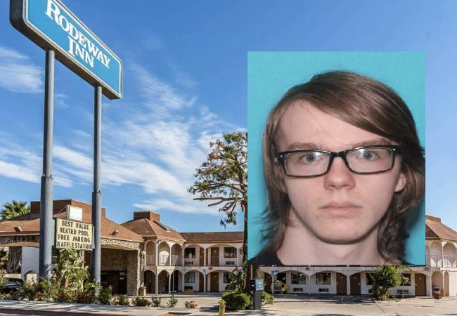 Exterior view of a Rodeway Inn motel in Castaic, California, with a mugshot of accused perp Matthew Edward Pysher, from Bangor, Pennsylvania, overlaid in the upper right corner.