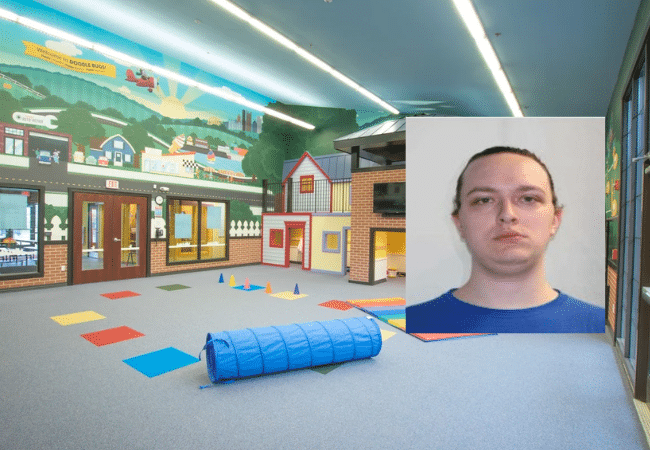 Interior of Doodle Bugs! Children’s Learning Academy, alongside a booking photo of former employee Noah Robert Hoefler, arrested for alleged child sex offenses.