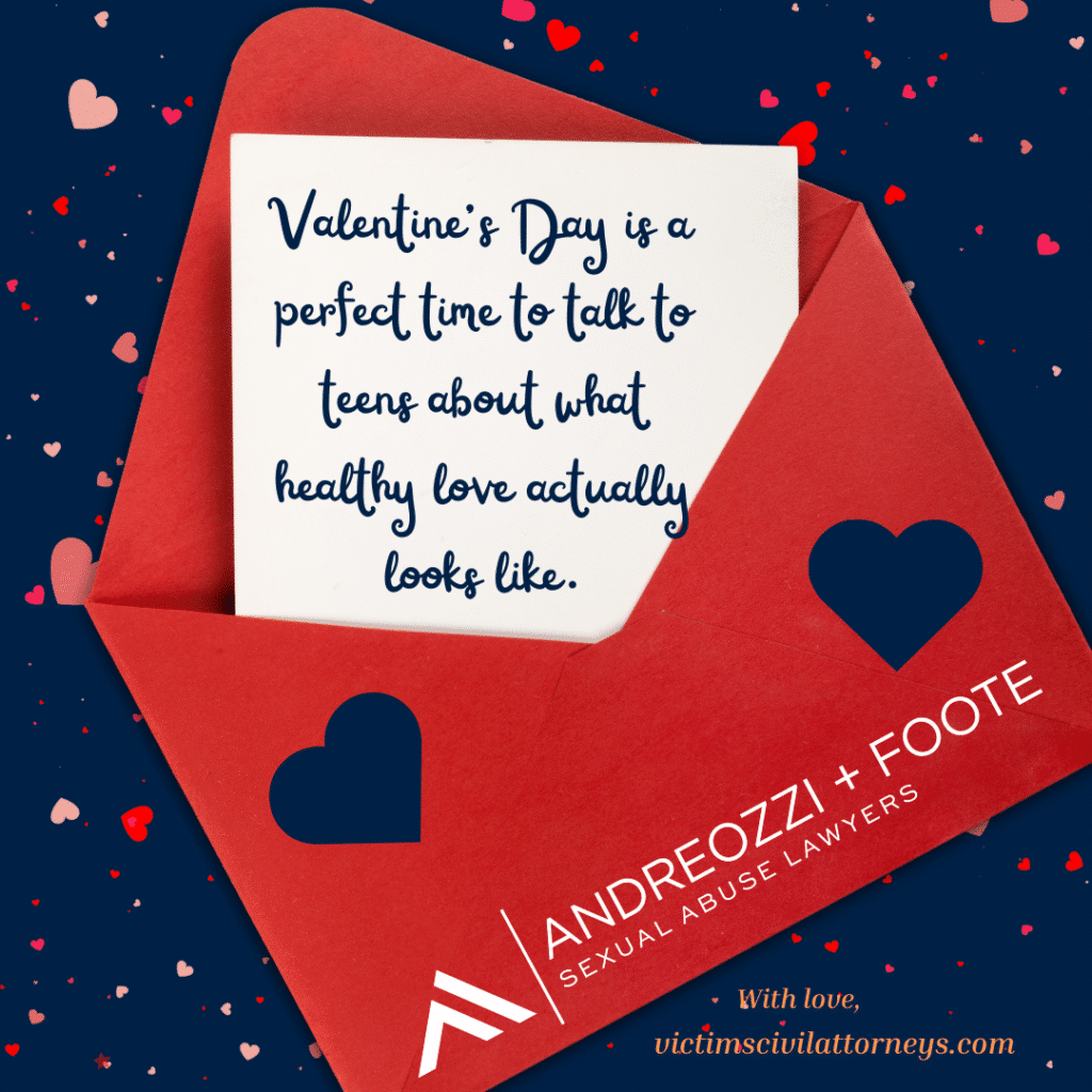Valentine’s Day card in red envelope about talking to teens about healthy love