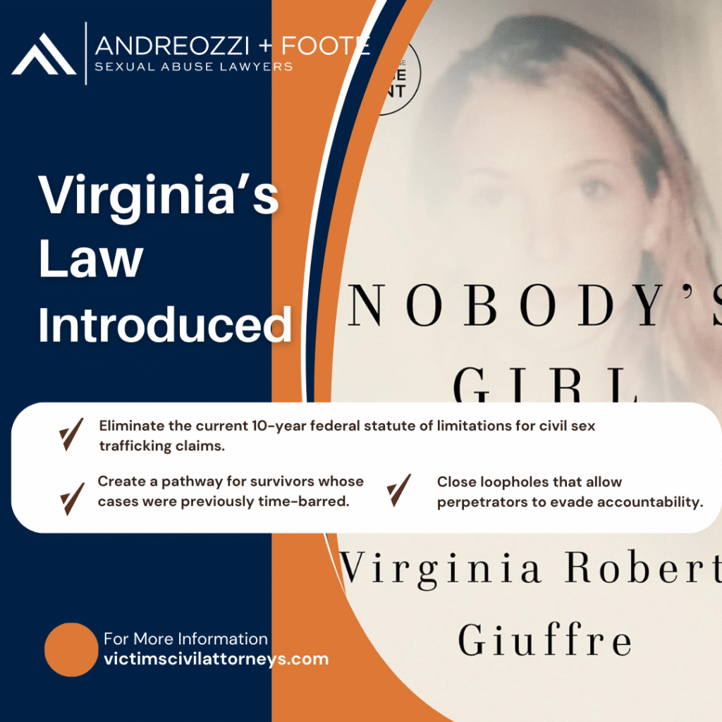 Graphic about Virginia’s law reform eliminating statute limits for civil sex trafficking claims.