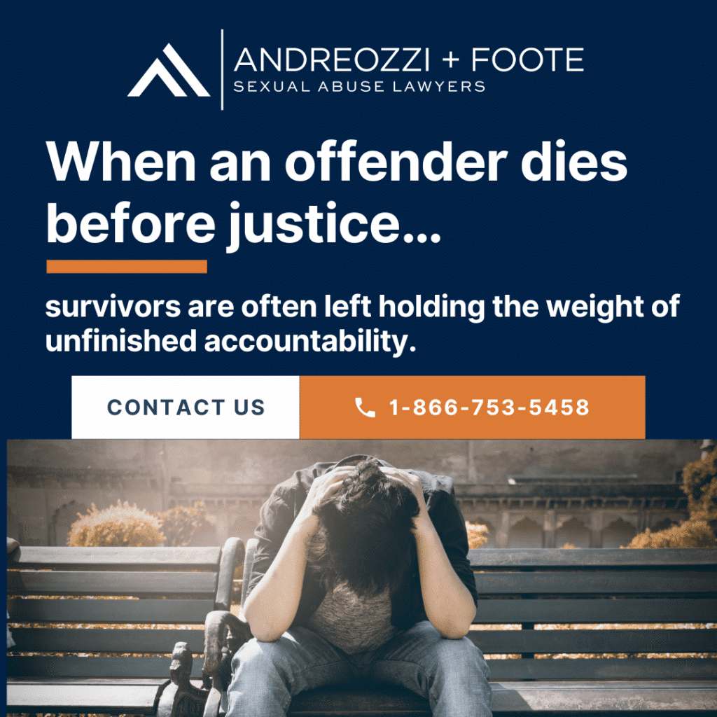 Graphic about justice when an offender dies, with contact number and distressed person on a bench.