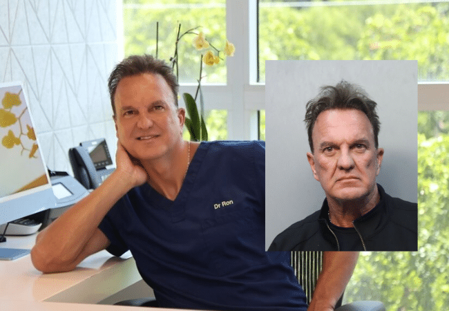 Dr. Ronald DeMeo pictured in a clinical setting with inset mugshot after being charged with sexual battery in Miami