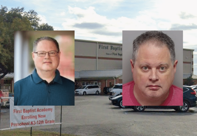 Photos of Stephen Strawn, a former band teacher at First Baptist Academy in Universal City, Texas, who was arrested on charges involving a minor student, shown in front of an image of the school.