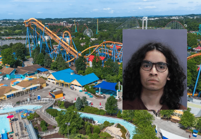 Aerial view of Dorney Park and Wildwater Kingdom, overlaid with a photo of Anthony Castillo, a former employee who has been classified as a sexually violent predator.