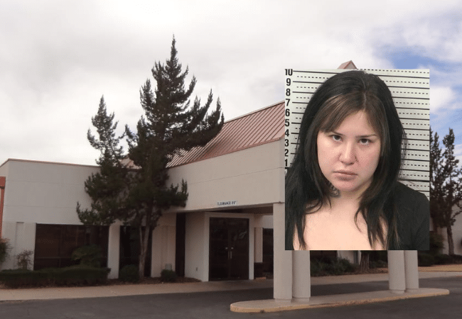 Booking photo of Kayla Renee Salcido next to the exterior of Mesilla Valley Hospital in Las Cruces, New Mexico, where she worked before being charged in a sex abuse case involving a juvenile patient.