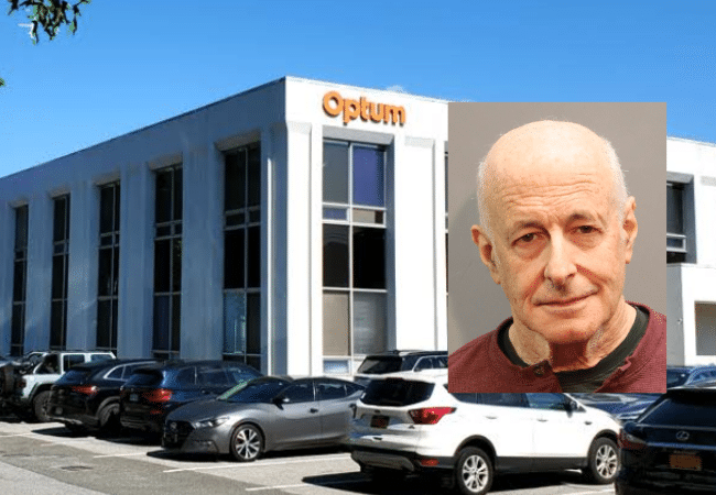 Exterior of Optum Hematology Oncology in New Hyde Park, New York, where oncologist Dr. Mark Hoffman allegedly sexually abused a patient during a medical examination; inset shows Hoffman’s booking photo.