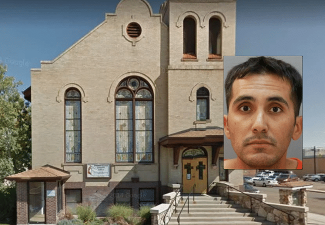 Exterior of First United Methodist Church in Fort Lupton, Colorado, alongside image of Jesus Adam Chacon following his arrest on child sexual assault charges