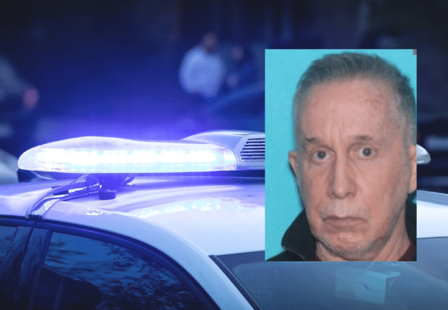 Brian P. Daly, a Pennsylvania counselor charged with harassment after allegedly making sexual comments to a client during an online counseling session, shown in a booking photo overlaying a police vehicle with flashing lights.
