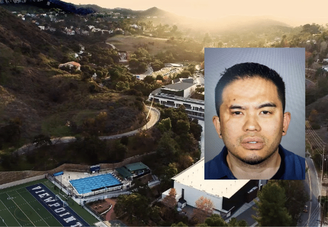 Aerial view of Viewpoint School in Calabasas, California, with an inset booking photo of Travis Takeshi Shojinaga, charged in a child sex abuse case.