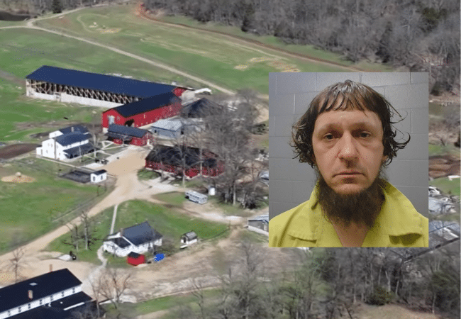 Background photo of Mercy and Truth “retreat” in Missouri, with an inset mugshot of Sam B. Shetler, arrested on trafficking charges.