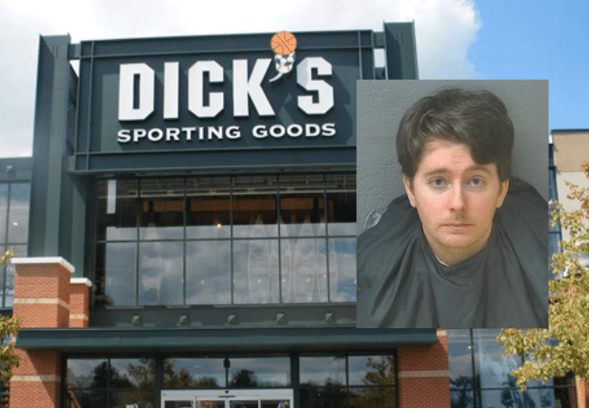 Exterior of Dick’s Sporting Goods at 3385 Candlers Mountain Road in Lynchburg, Virginia, where a hidden camera investigation involving employee Derek Beard began; inset shows Beard’s mugshot.