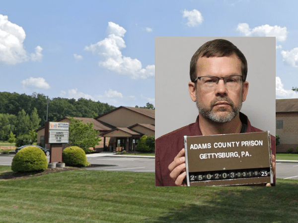 Mugshot of Gettysburg therapist David Christopher Mitchell, overlaid on an exterior view of Gettysburg Montessori Charter School in Pennsylvania.
