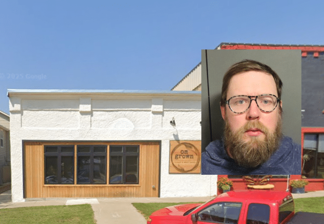 Om Grown Yoga and Wellness Collective in Baldwin City, Kansas, with inset image of Aaron Borger, arrested for alleged sexual crimes