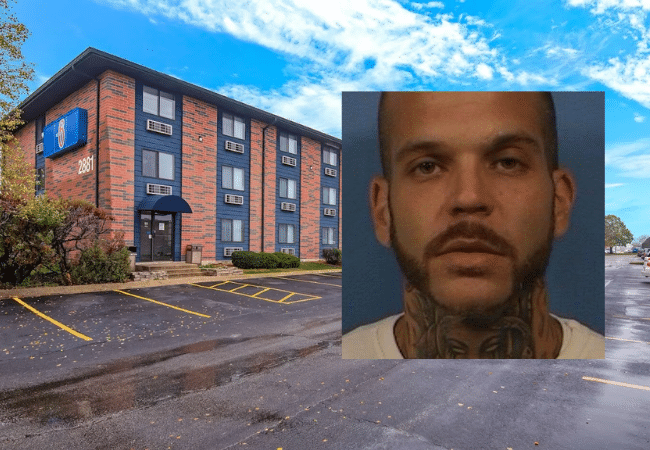 Exterior of Extended Stay America Suites Chicago – Lombard – Yorktown Center, a hotel named in a Chicago-area sex trafficking lawsuit, alongside a photo of convicted trafficker Benjamin “Beanz” Biancofiori.