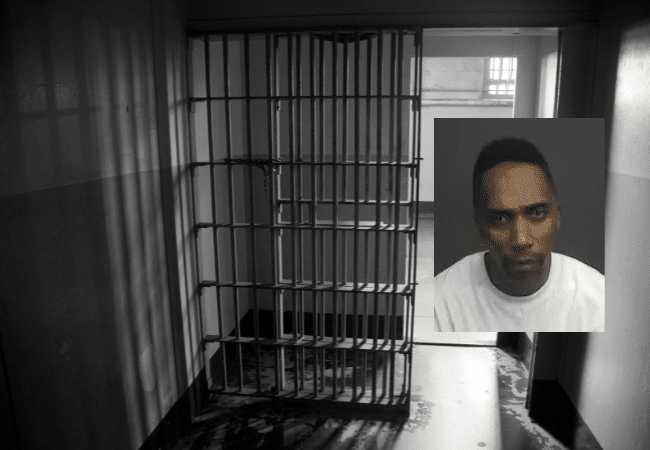 Empty jail cell with metal bars alongside booking photo of Raylonzo Roberts, sentenced in 2018 for trafficking minors