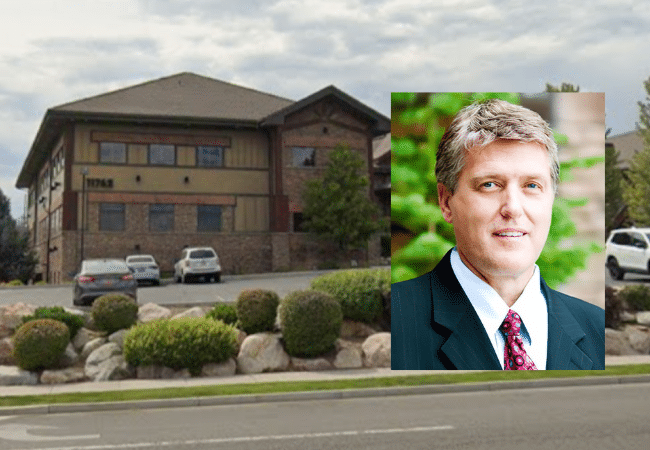 Dr. Jed Bindrup, a physician facing criminal charges, pictured alongside exterior of a medical building where his plastic surgery center is located.