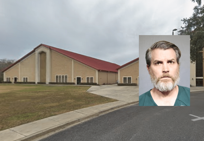 Exterior of Hillcrest Baptist Church, with inset mugshot of former youth pastor Joshua Allen Trent, recently arrested on sexual battery charges.