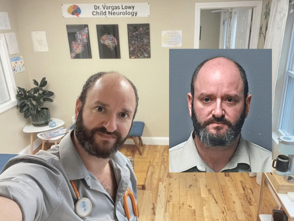 Composite image featuring former pediatric neurologist Dr. David Vargas Lowy in his office next to a booking photograph released following his December 2025 arrest related to sexual assault allegations involving a patient in New Hampshire.