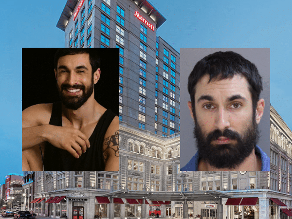 Image showing massage therapist Daniel Campagna alongside the Lancaster Marriott Penn Square, where Drift Spa is located. The image includes a portrait of Campagna and a mugshot connected to allegations of sexual assault involving massage clients at Drift Spa.