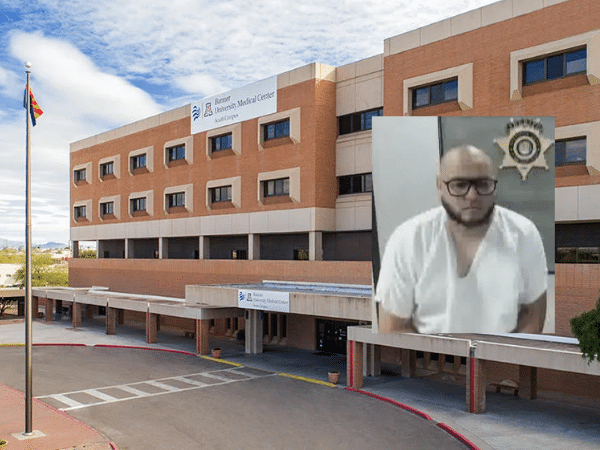 Banner South Behavioral Health Unit in Tucson, Arizona, with an inset image of Jose "Jacob" Chavez, a former behavioral health specialist charged with sexual assault, sexual abuse, and kidnapping involving a patient receiving court-ordered treatment.