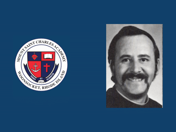 Portrait of Brother Roger C. Argencourt alongside a logo of Mount Saint Charles Academy in Woonsocket, Rhode Island.