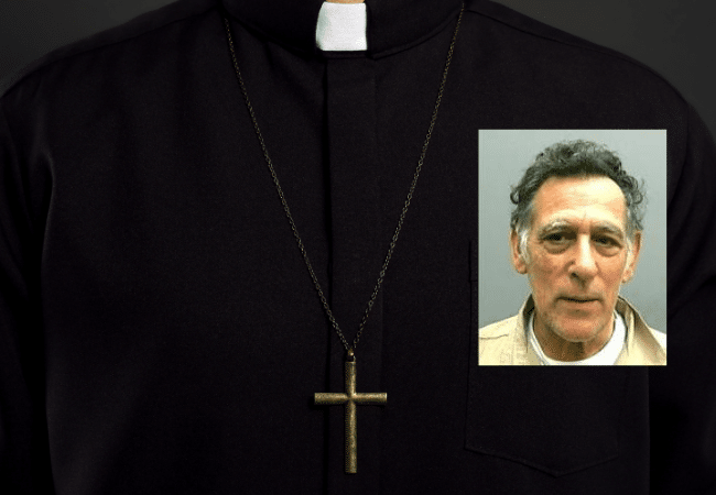 Composite image featuring an inset photograph of former priest Eugene D. Corbesero, a former member of the Consolata Society for Foreign Missions.
