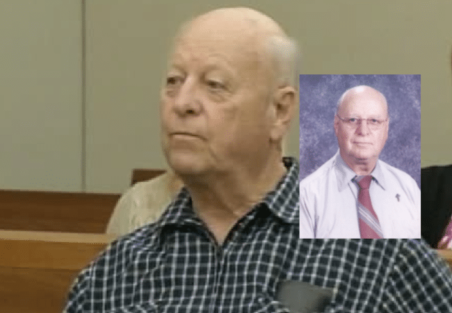 Composite image of former Deacon Laurence Gagnon, showing him in court alongside a portrait photo. Gagnon, a former deacon and teacher at St. Joseph Church and School in West Warwick, Rhode Island, was convicted of child molestation and required to register as a Level 3 sex offender.