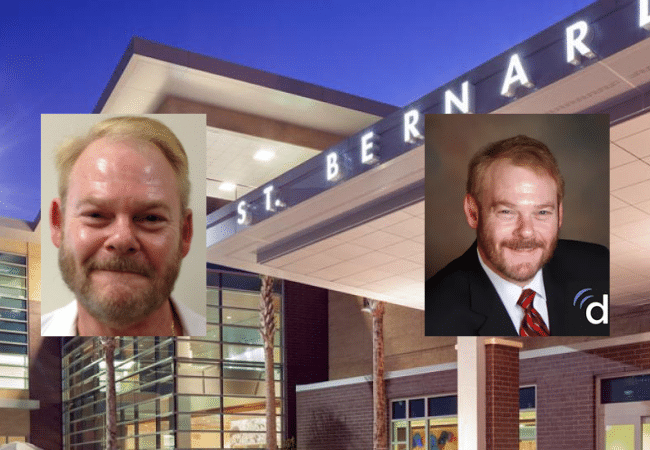 Two photos of Dr. David Beary displayed in front of St. Bernard Parish Hospital in Louisiana, where he previously held medical privileges and is now the subject of a sexual battery investigation.