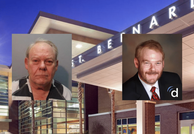 Two photos of Dr. David Beary displayed in front of St. Bernard Parish Hospital in Louisiana, where he previously held medical privileges and is now the subject of a sexual battery investigation.