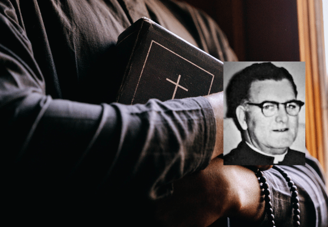 Composite image featuring a photograph of Father Charles Dolan, accused of sexually abusing at least two girls.