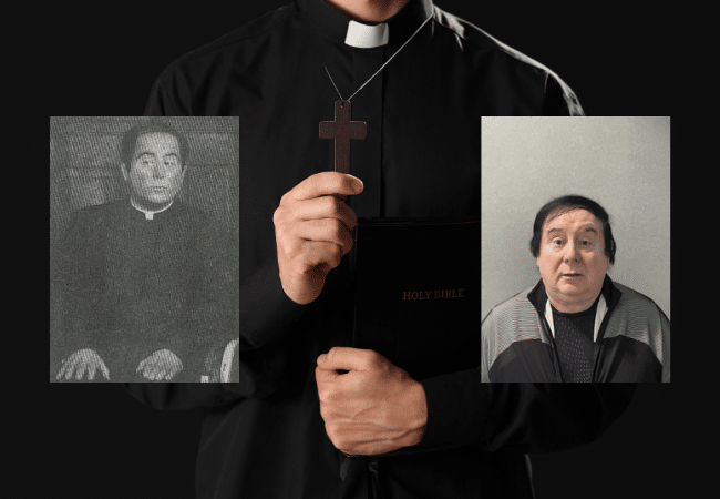 Graphic featuring historical and recent photos of former Diocese of Providence priest Daniel Azzarone alongside a priest holding a Bible and cross. Azzarone was convicted of sexually assaulting two teenage boys and later laicized.
