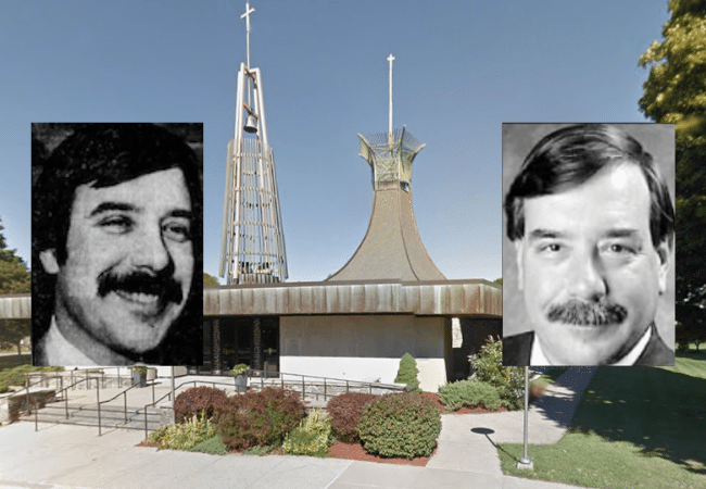 Composite graphic featuring two archival photographs of Father Dennis Brodeur positioned on either side of St. Jude Church in Lincoln, Rhode Island.
