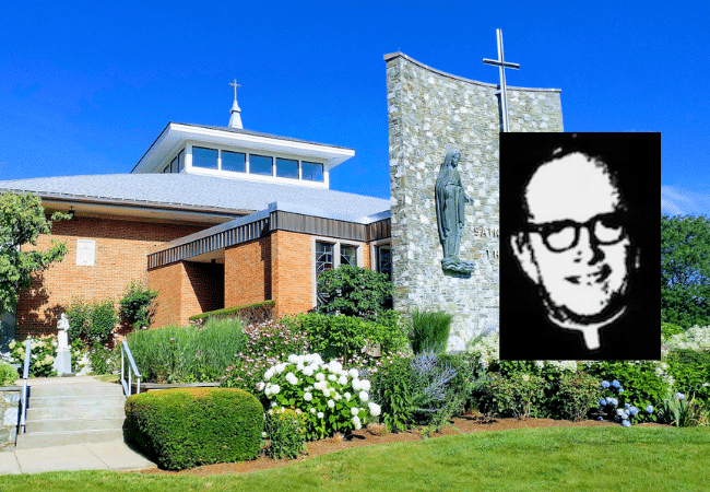 Exterior of St. Mary of the Bay Church in Warren, Rhode Island, featuring a black-and-white portrait of Father Edmund Fitzgerald, a former Diocese of Providence priest accused of child sexual abuse.