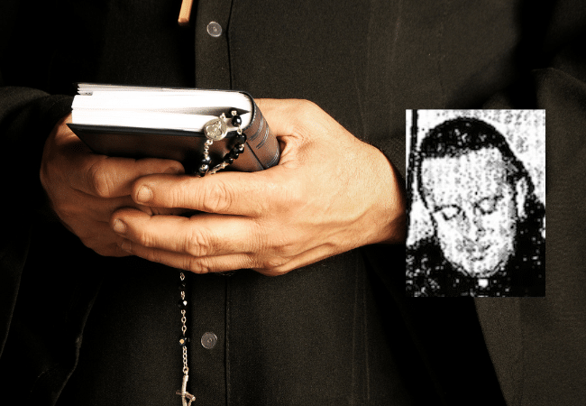 Graphic depicting a member of the Catholic clergy holding a prayer book and rosary, alongside a portrait of Father Francis Xavier Battel, a former Diocese of Providence priest identified in the Rhode Island Attorney General’s Office’s Report on Child Sexual Abuse in the Diocese of Providence.