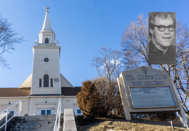 Composite image featuring an archival photograph of Father James Campbell overlaid on a photograph of St. Joseph Church in West Warwick, Rhode Island.