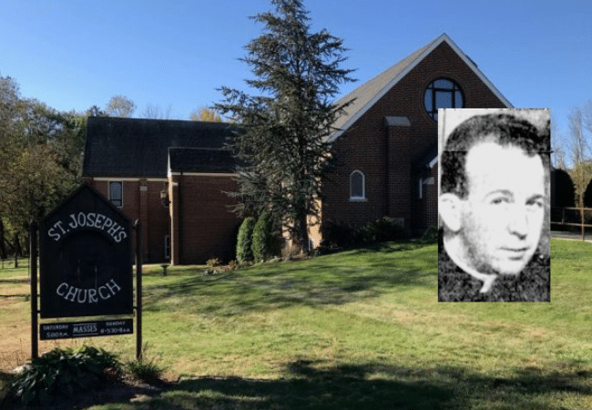 Composite image featuring a photograph of Father John Joseph Keough Feeney overlaid on a photograph of St. Joseph Church in North Scituate, Rhode Island.