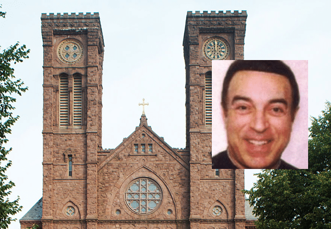 Composite image featuring The Cathedral of Saints Peter & Paul Roman Catholic church in Providence, RI, with a portrait of former priest Joseph D'Angelo overlaid in the upper-right corner. D'Angelo was accused of sexually abusing multiple boys during his ministry in Rhode Island.