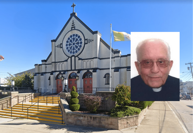 Composite image featuring a photograph of Father Louis Diogo overlaid on a Google Street View image of St. Francis Xavier Church.
