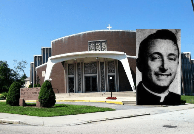 Graphic depicting St. Bartholomew Church in Providence, Rhode Island, with an archival photo of Father Mario Bordignon superimposed on the right side. Bordignon, a member of the Scalabrini religious order, was identified in the Rhode Island Attorney General's Report on Child Sexual Abuse in the Diocese of Providence.