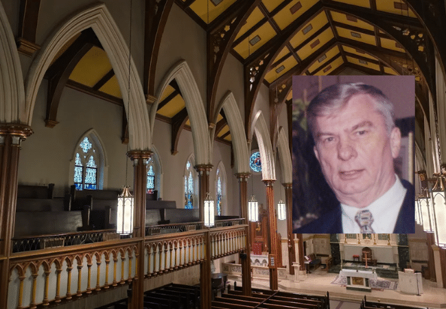 Photograph of Father Normand Demers inset over an image of St. Joseph Church in Providence, RI.