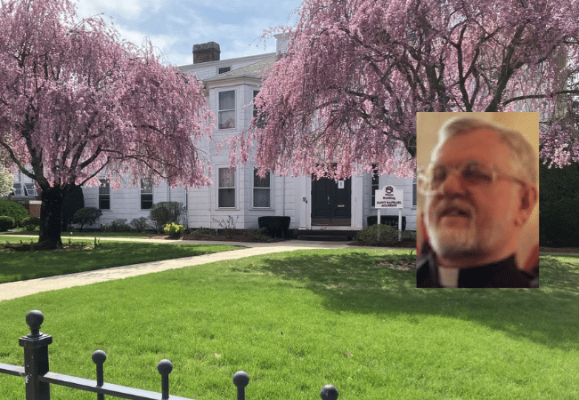 : Composite image featuring a photograph of Father Paul Charland overlaid on a photograph of Saint Raphael Academy in Pawtucket, Rhode Island, one of the places he was assigned to.