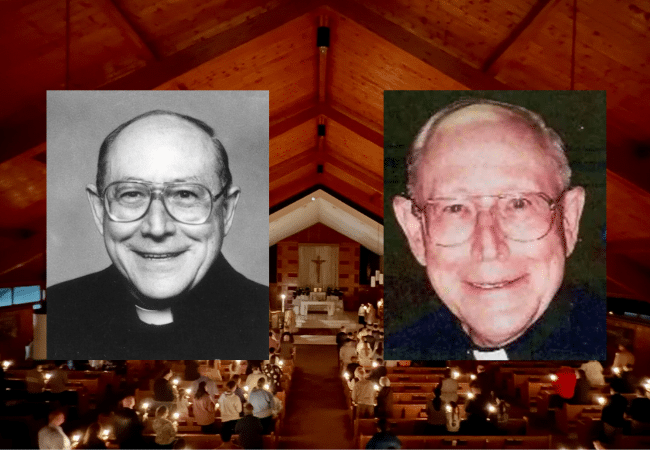 Graphic featuring two portraits of alleged sexual predator Father Roger Belhumeur displayed over the interior of Saints Rose and Clement Church, or St. Rose of Lima in Warwick, RI.
