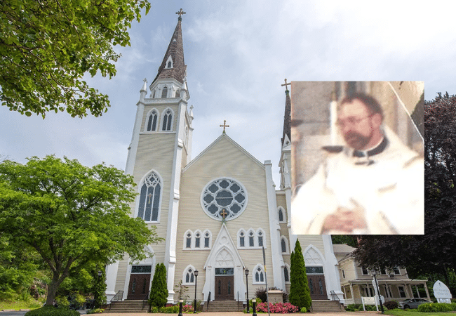 Composite image of St. Joseph Church in Cumberland, Rhode Island, with an inset photograph of Father Timothy Gorton, a former Diocese of Providence priest accused of sexually abusing a 12-year-old boy in 1983.