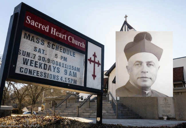 Graphic showing Sacred Heart Church in West Warwick, Rhode Island. An archival portrait of Monsignor Anthony DeAngelis is overlaid on the right side of the image.