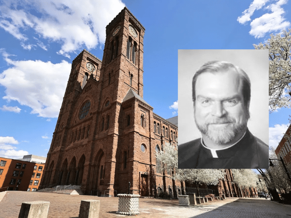 Cathedral of Saints Peter and Paul in Providence, Rhode Island, alongside a portrait of Monsignor John Allard, a former Diocese of Providence priest identified in the Rhode Island Attorney General's clergy sexual abuse report.